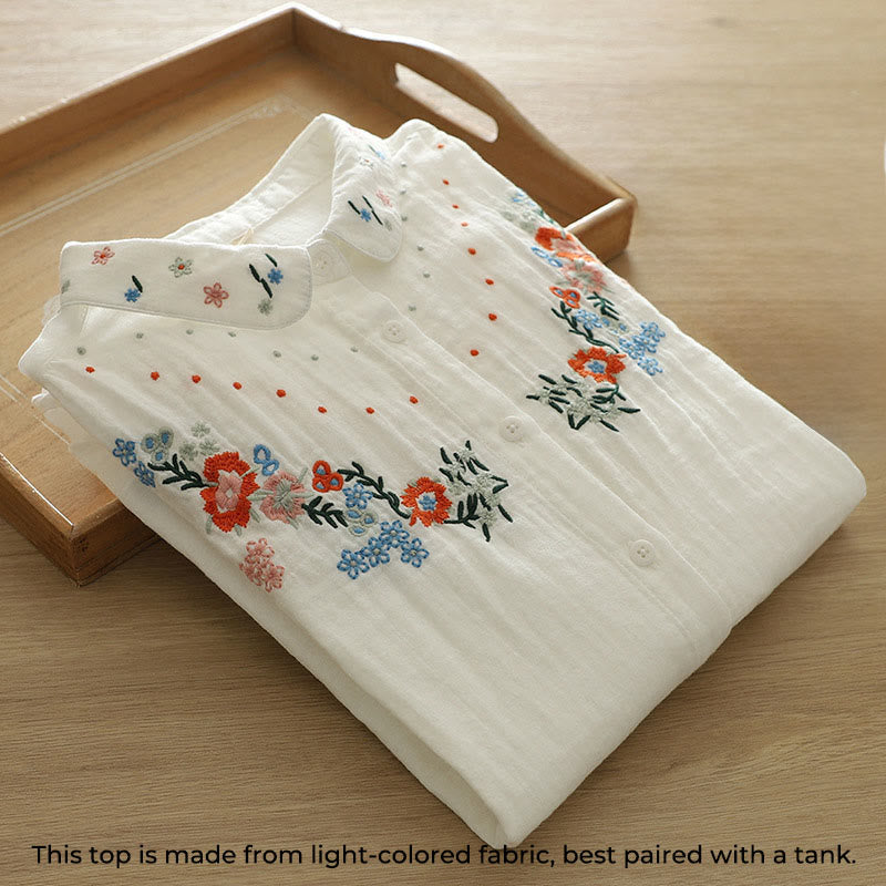 Breathable Cotton Floral Embroidered Stand Collar Meditation Shirt