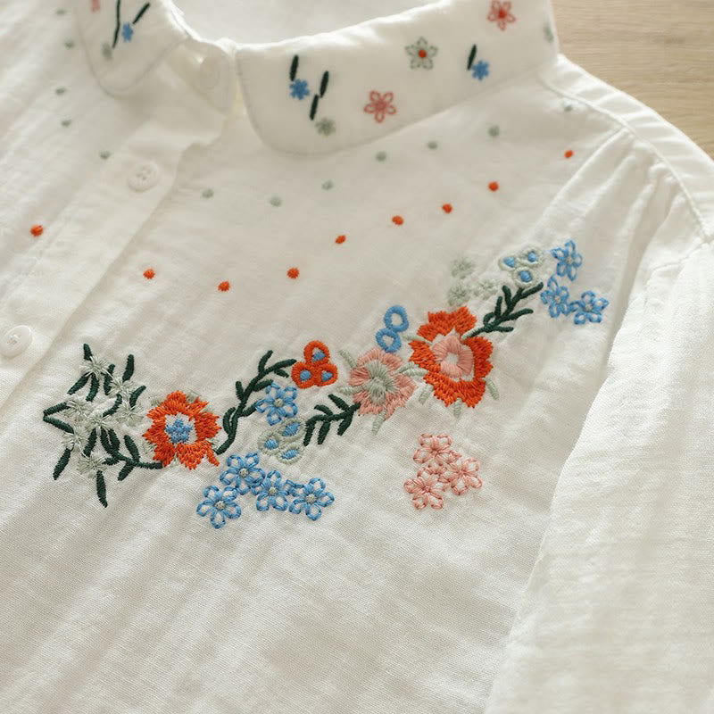 Breathable Cotton Floral Embroidered Stand Collar Meditation Shirt