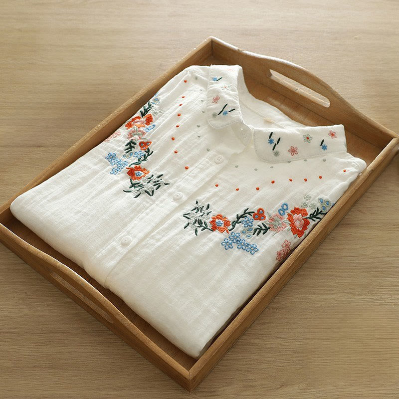 Breathable Cotton Floral Embroidered Stand Collar Meditation Shirt