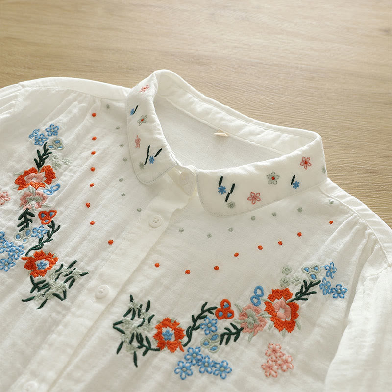 Breathable Cotton Floral Embroidered Stand Collar Meditation Shirt