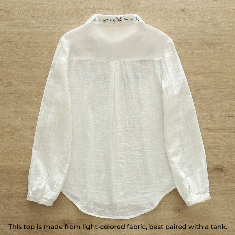 Breathable Cotton Floral Embroidered Stand Collar Meditation Shirt