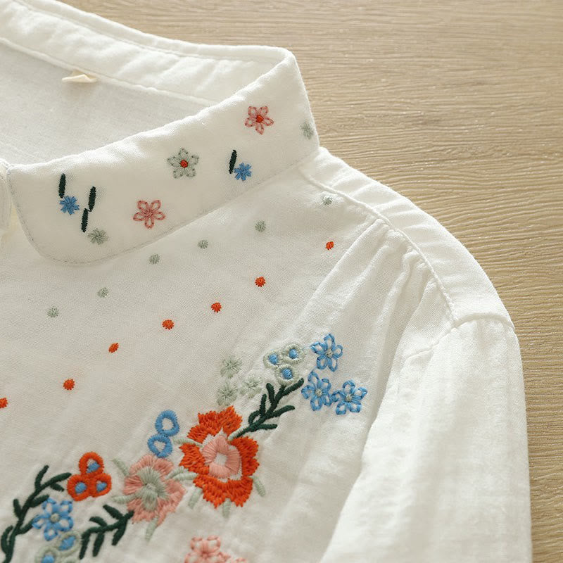 Breathable Cotton Floral Embroidered Stand Collar Meditation Shirt