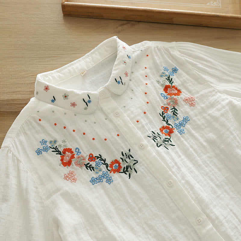Breathable Cotton Floral Embroidered Stand Collar Meditation Shirt