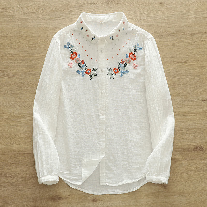 Breathable Cotton Floral Embroidered Stand Collar Meditation Shirt
