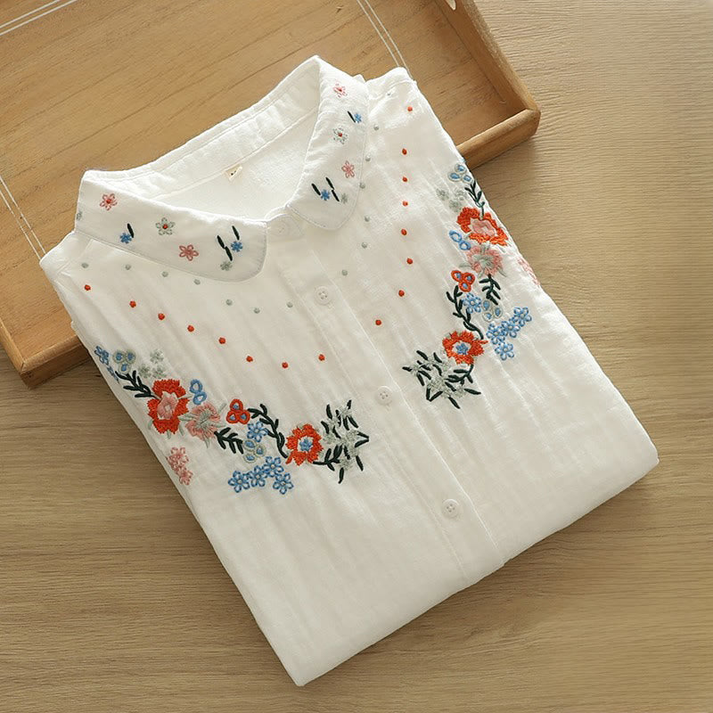 Breathable Cotton Floral Embroidered Stand Collar Meditation Shirt