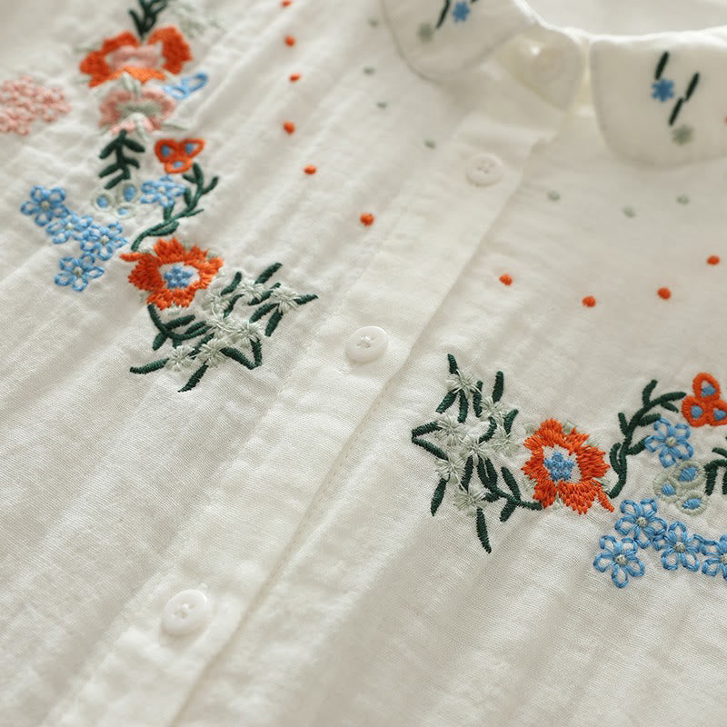 Breathable Cotton Floral Embroidered Stand Collar Meditation Shirt