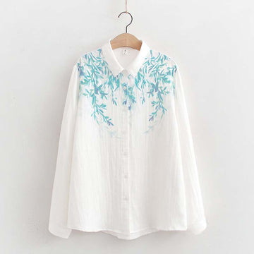 Breathable Cotton Stand Collar Botanical Mindful Long Sleeve Shirt
