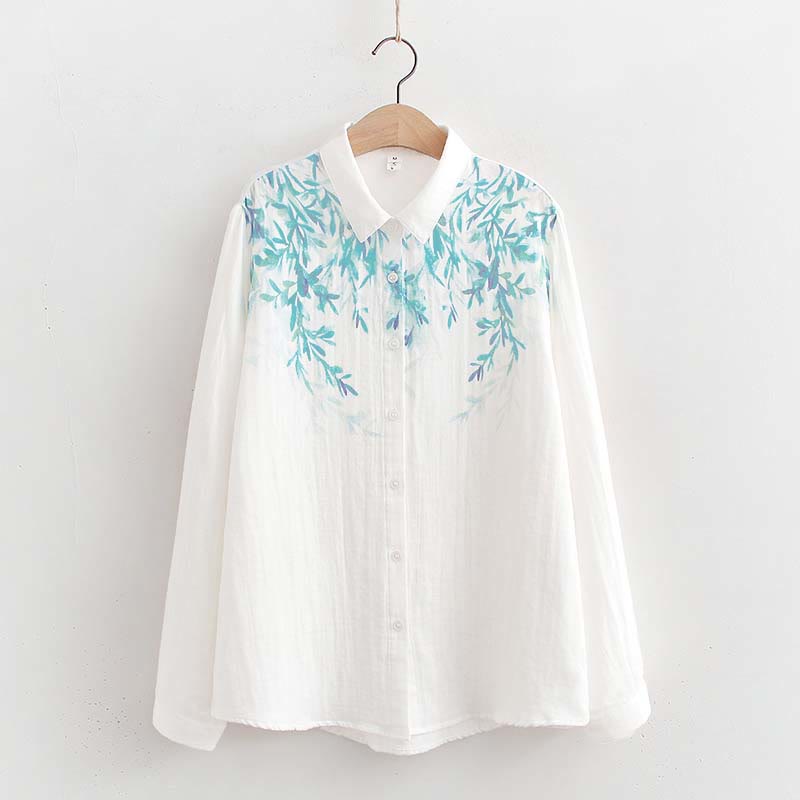 Breathable Cotton Stand Collar Botanical Mindful Long Sleeve Shirt