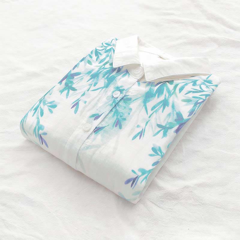 Breathable Cotton Stand Collar Botanical Mindful Long Sleeve Shirt