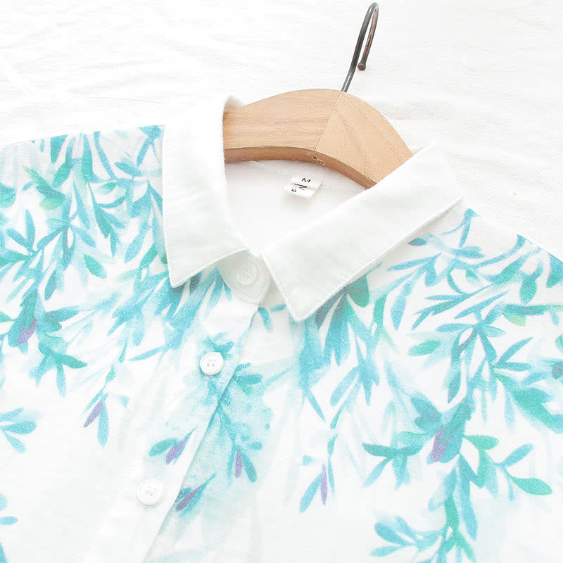 Breathable Cotton Stand Collar Botanical Mindful Long Sleeve Shirt