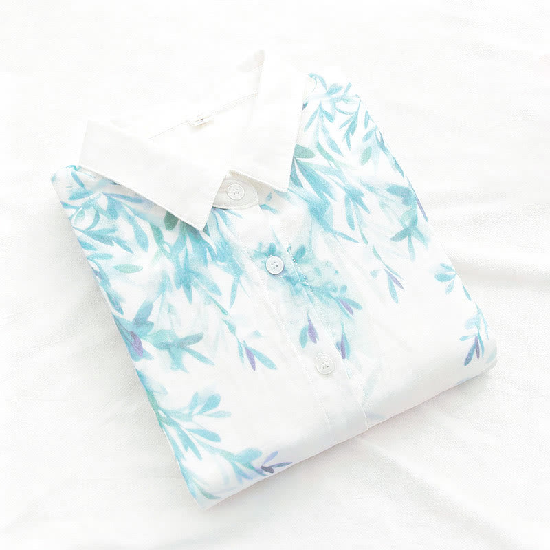Breathable Cotton Stand Collar Botanical Mindful Long Sleeve Shirt