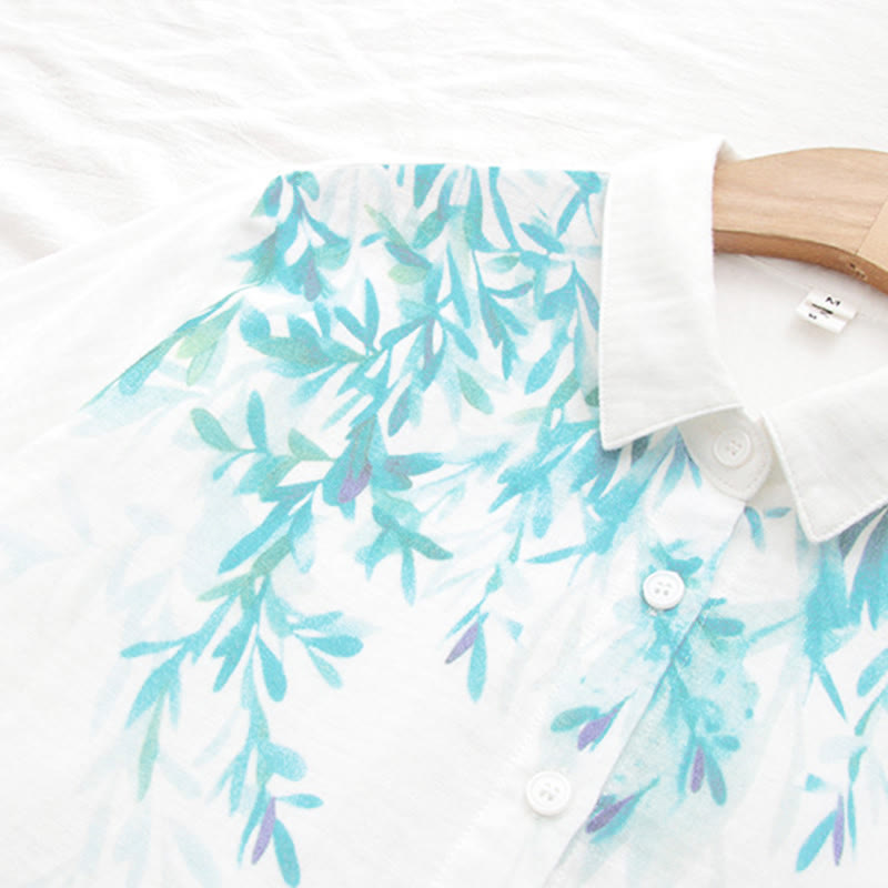 Breathable Cotton Stand Collar Botanical Mindful Long Sleeve Shirt