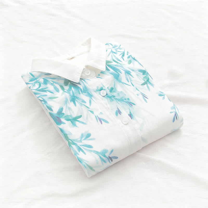Breathable Cotton Stand Collar Botanical Mindful Long Sleeve Shirt