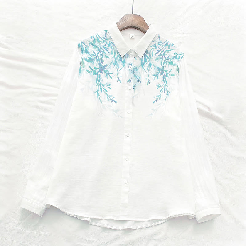 Breathable Cotton Stand Collar Botanical Mindful Long Sleeve Shirt