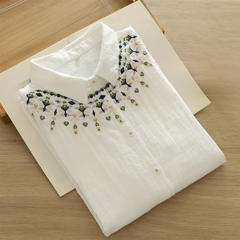 Tactile Cotton Geometric Embroidered Stand Collar Mindful Shirt