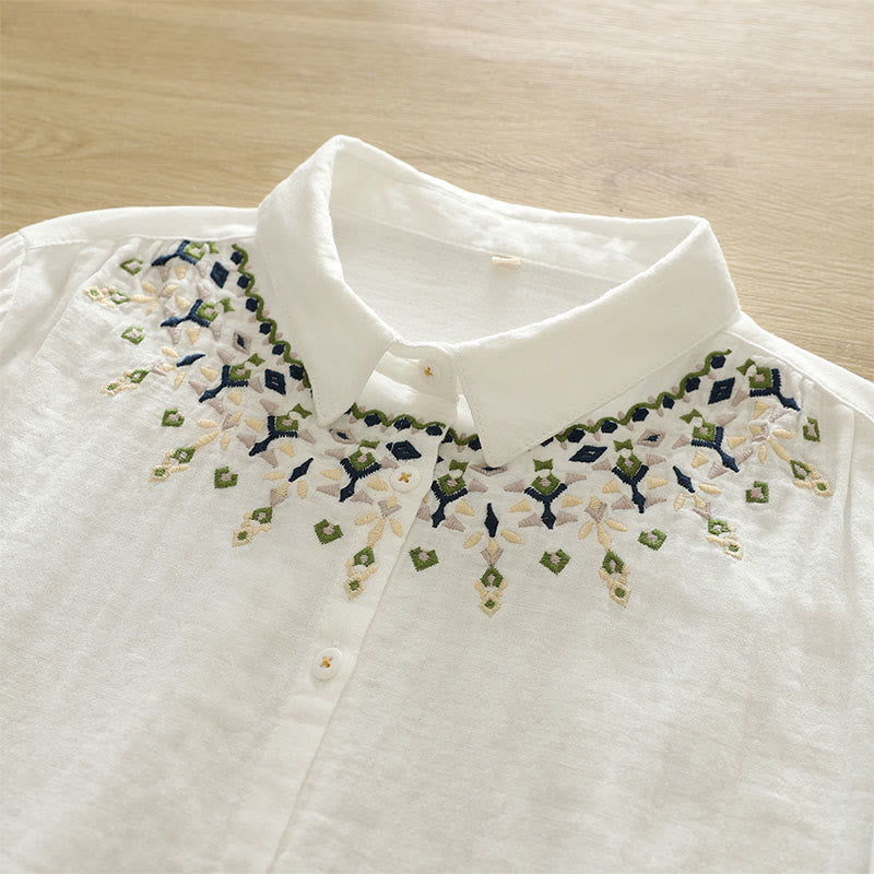 Tactile Cotton Geometric Embroidered Stand Collar Mindful Shirt