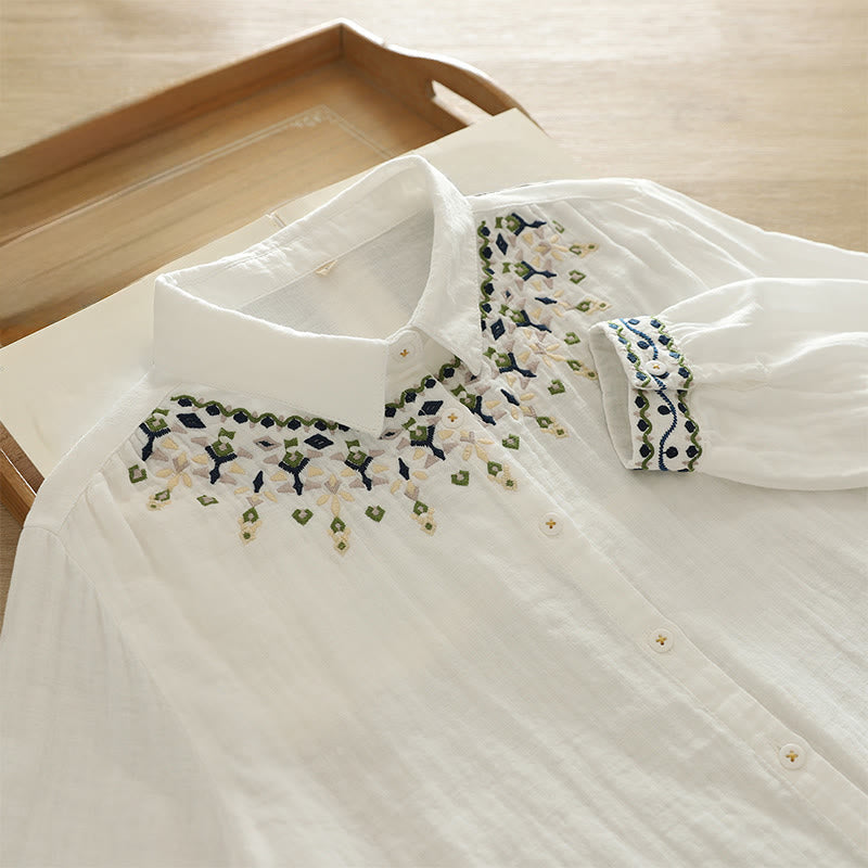 Tactile Cotton Geometric Embroidered Stand Collar Mindful Shirt