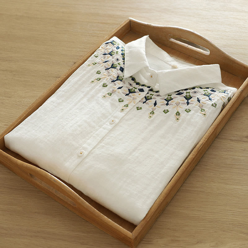 Tactile Cotton Geometric Embroidered Stand Collar Mindful Shirt
