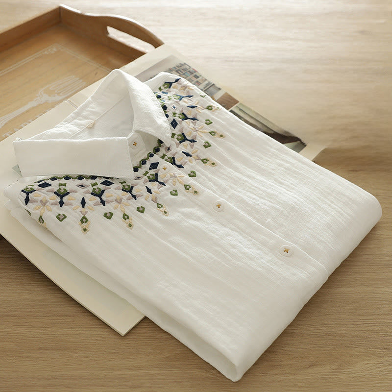 Tactile Cotton Geometric Embroidered Stand Collar Mindful Shirt