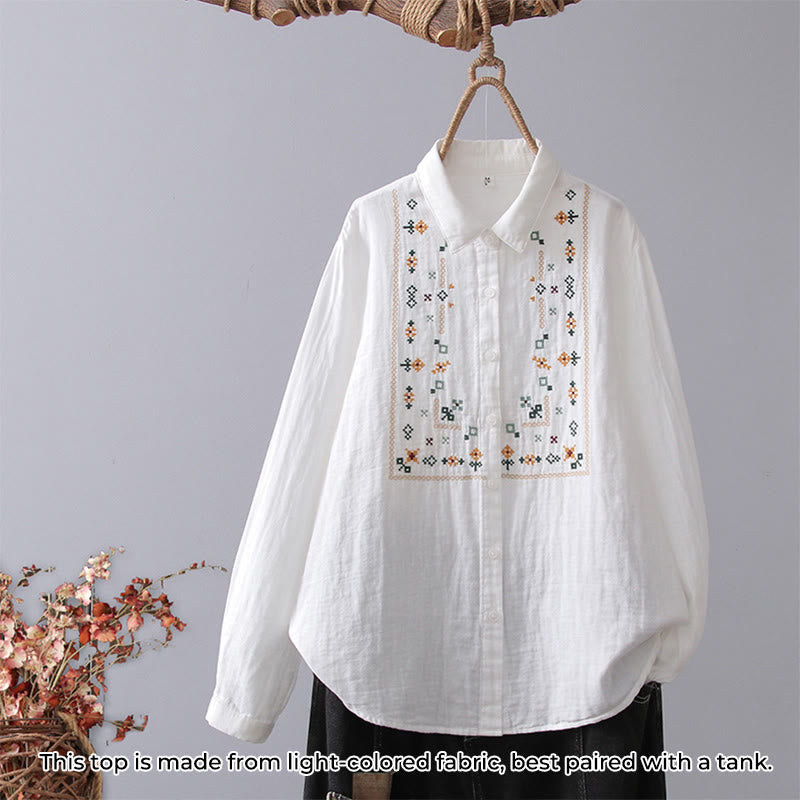 Tactile Cotton Stand Collar Geometric Embroidery Meditation Shirt