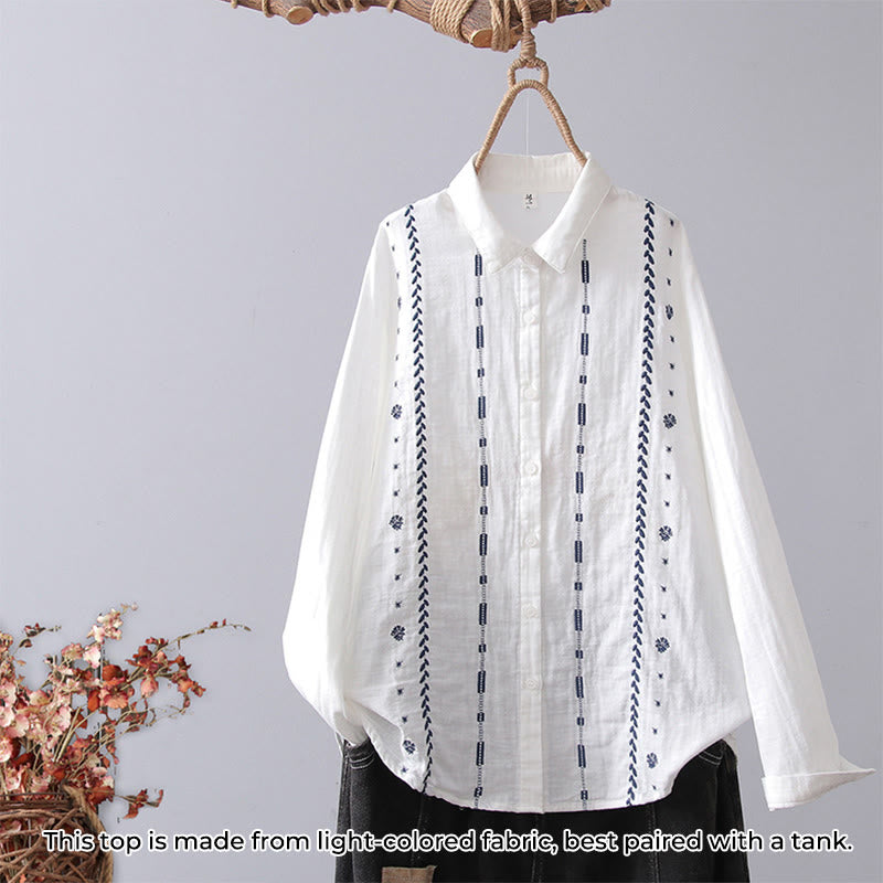 Tactile Cotton Stand Collar Geometric Embroidery Meditation Shirt