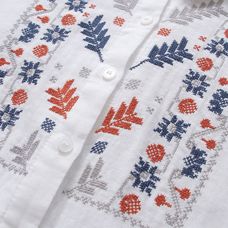 Tactile Cotton Stand Collar Geometric Embroidery Meditation Shirt