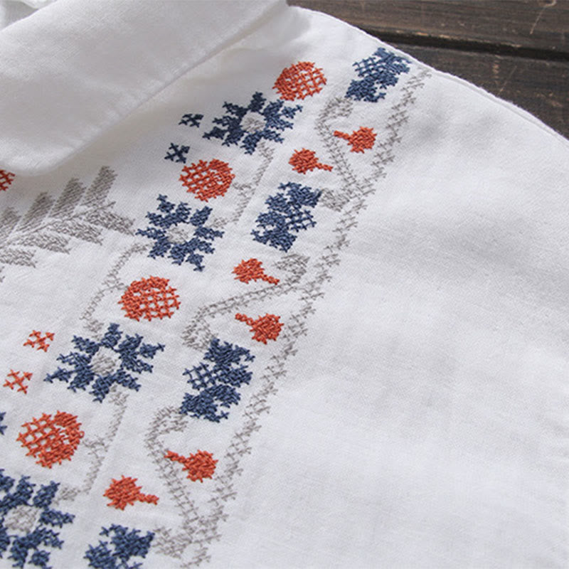 Tactile Cotton Stand Collar Geometric Embroidery Meditation Shirt