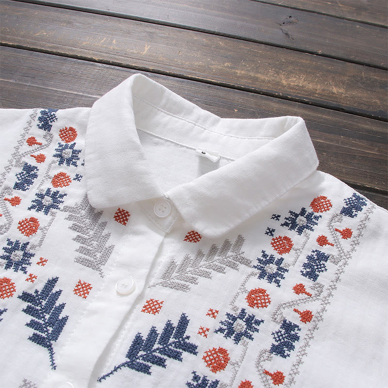 Tactile Cotton Stand Collar Geometric Embroidery Meditation Shirt