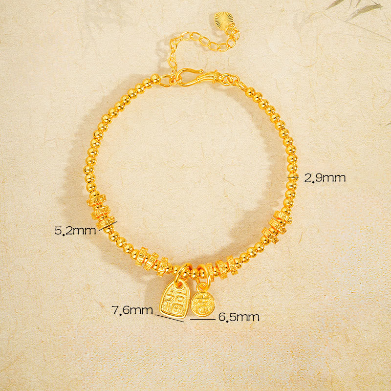 24k Gold Plated Brass Fu Character Blessing Charm Bracelet