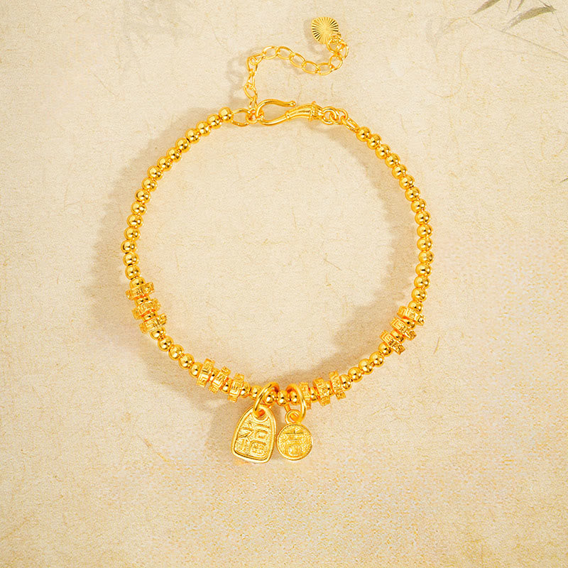 24k Gold Plated Brass Fu Character Blessing Charm Bracelet