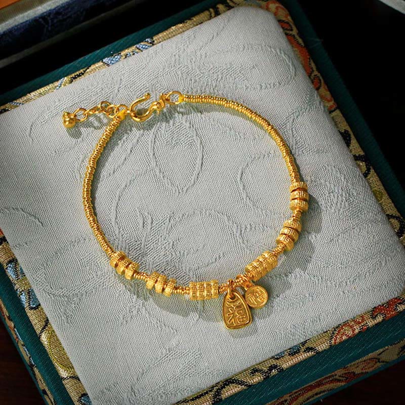 24k Gold Plated Brass Fu Character Blessing Charm Bracelet
