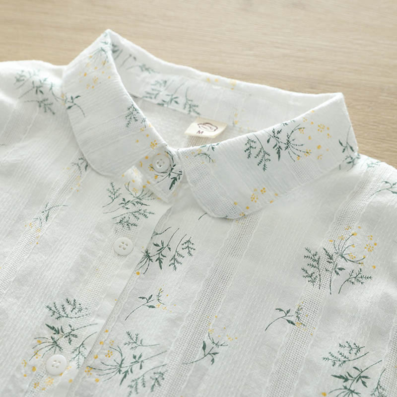 Tactile Cotton Stand-Collar Botanical Meditation Shirt