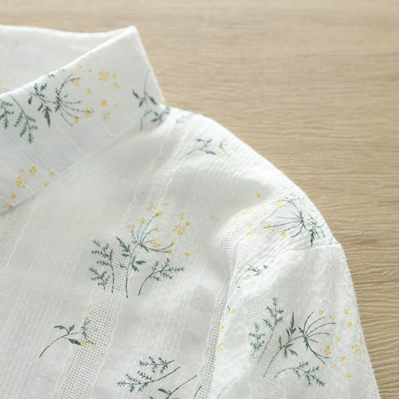 Tactile Cotton Stand-Collar Botanical Meditation Shirt