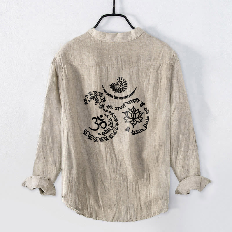 Cotton Linen Stand Collar Om Lotus Print Meditation Shirt