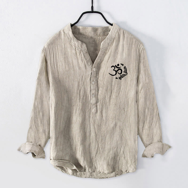 Cotton Linen Stand Collar Om Lotus Print Meditation Shirt