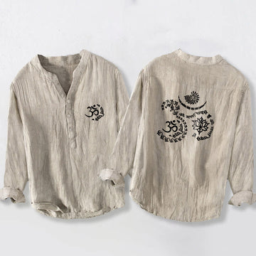 Cotton Linen Stand Collar Om Lotus Print Meditation Shirt