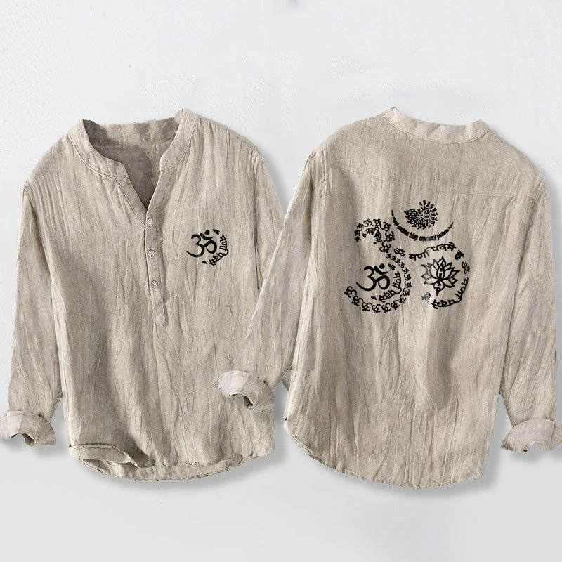 Cotton Linen Stand Collar Om Lotus Print Meditation Shirt