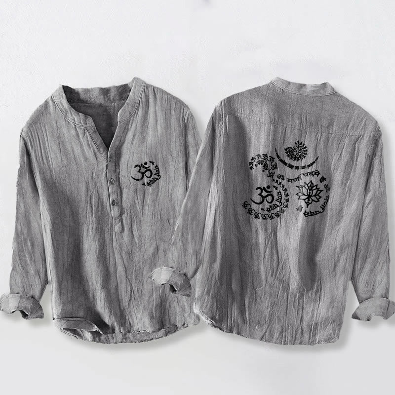 Cotton Linen Stand Collar Om Lotus Print Meditation Shirt