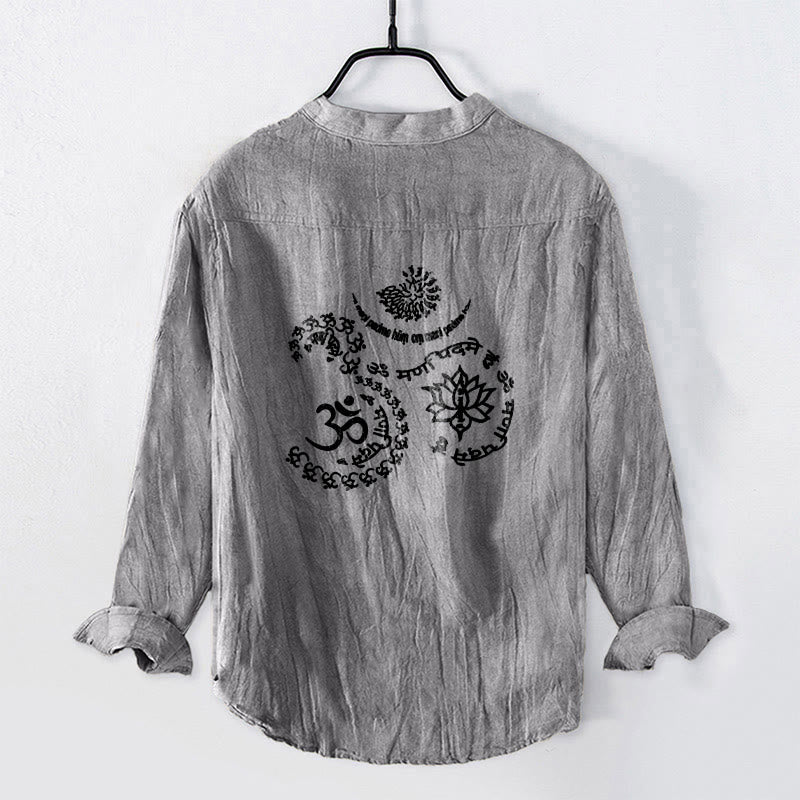Cotton Linen Stand Collar Om Lotus Print Meditation Shirt