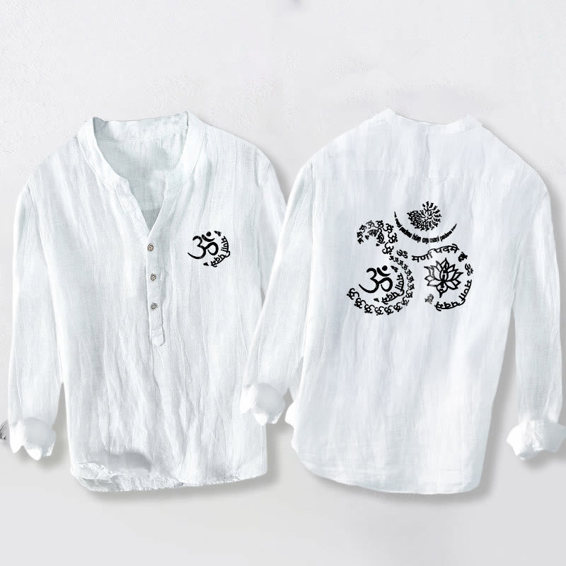 Cotton Linen Stand Collar Om Lotus Print Meditation Shirt