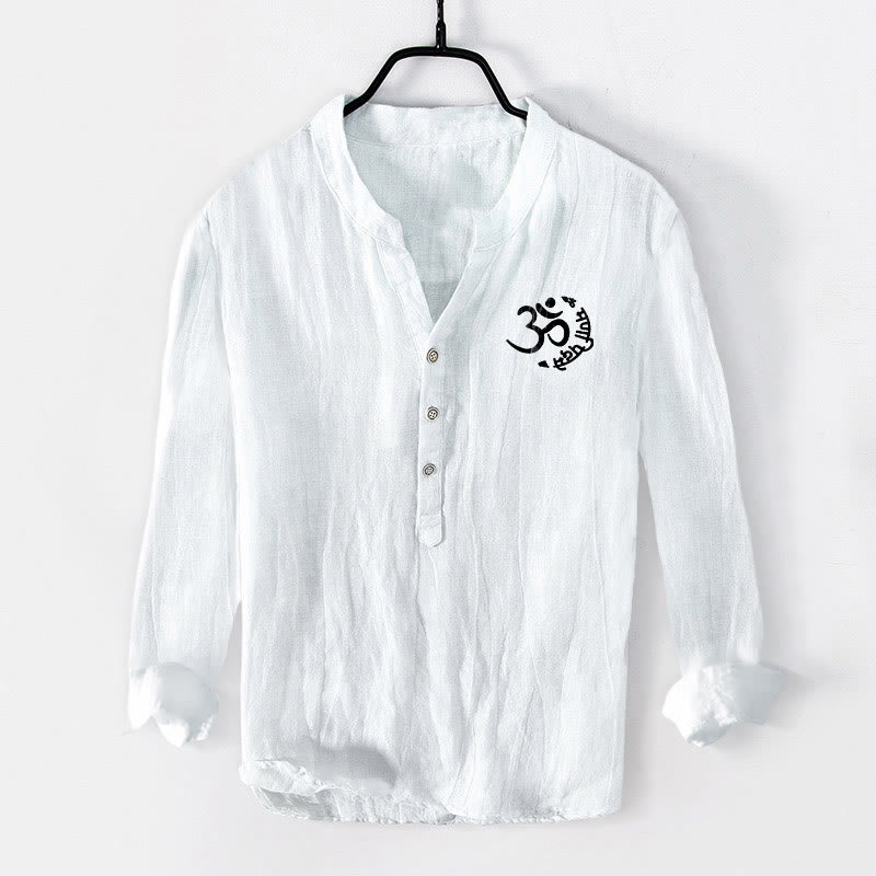 Cotton Linen Stand Collar Om Lotus Print Meditation Shirt