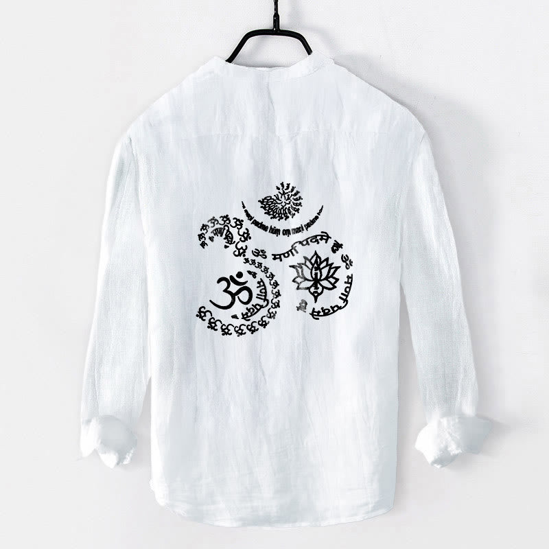 Cotton Linen Stand Collar Om Lotus Print Meditation Shirt
