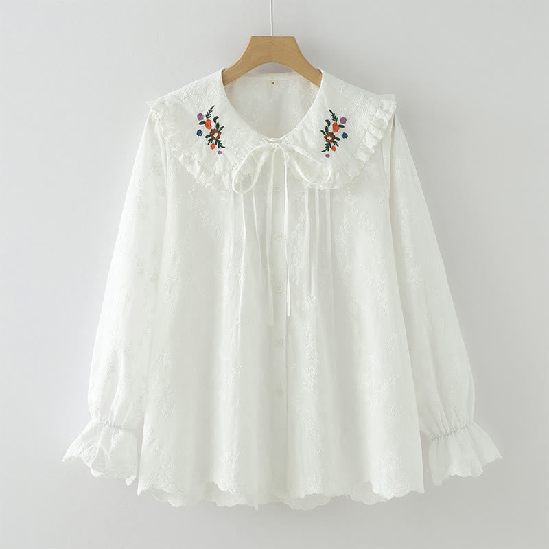 Breathable Cotton Floral Embroidered Long-Sleeve Meditation Shirt