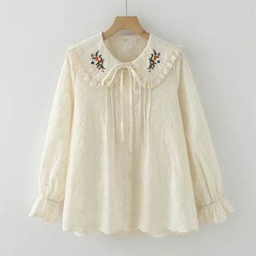 Breathable Cotton Floral Embroidered Long-Sleeve Meditation Shirt