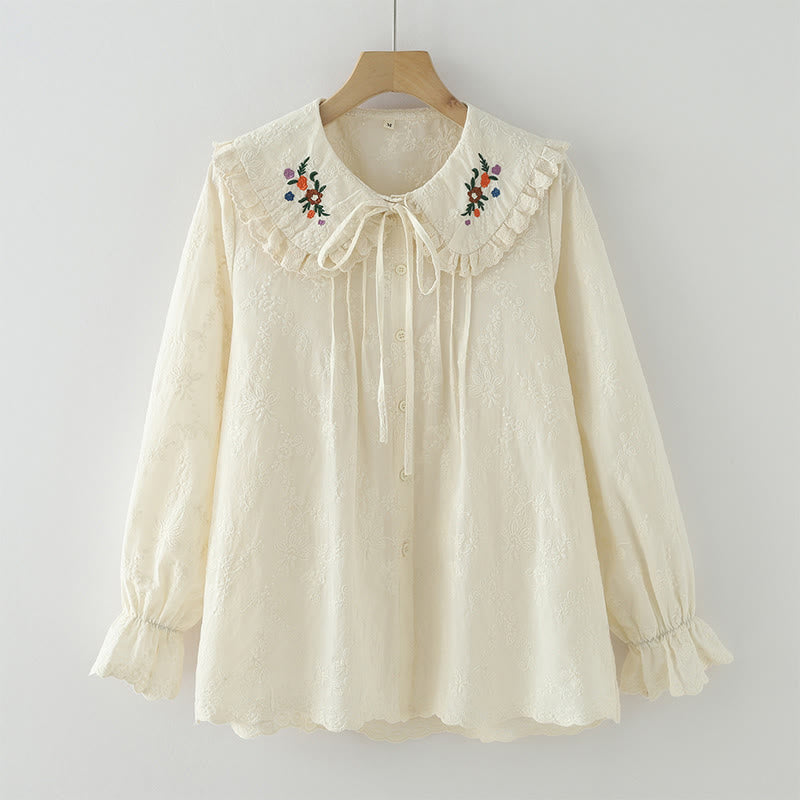 Breathable Cotton Floral Embroidered Long-Sleeve Meditation Shirt
