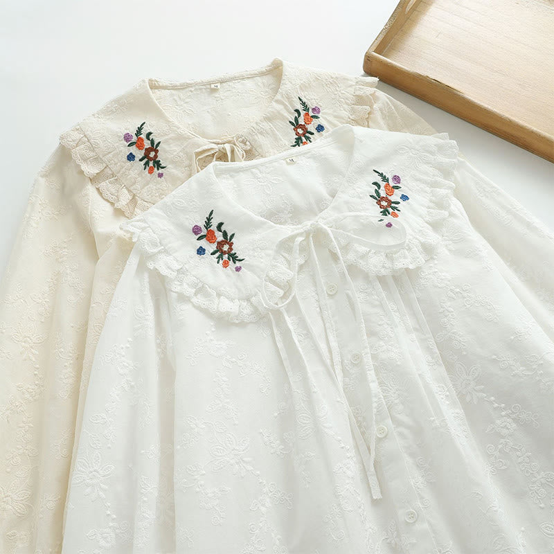 Breathable Cotton Floral Embroidered Long-Sleeve Meditation Shirt