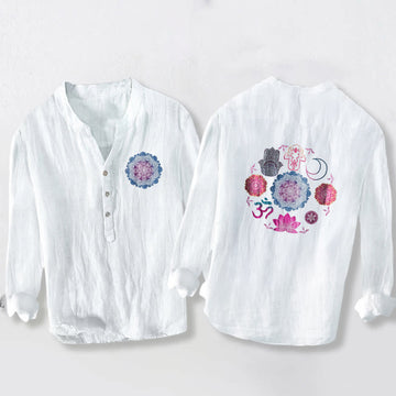 Cotton Linen Stand Collar Long Sleeve Shirt with Mandala Print