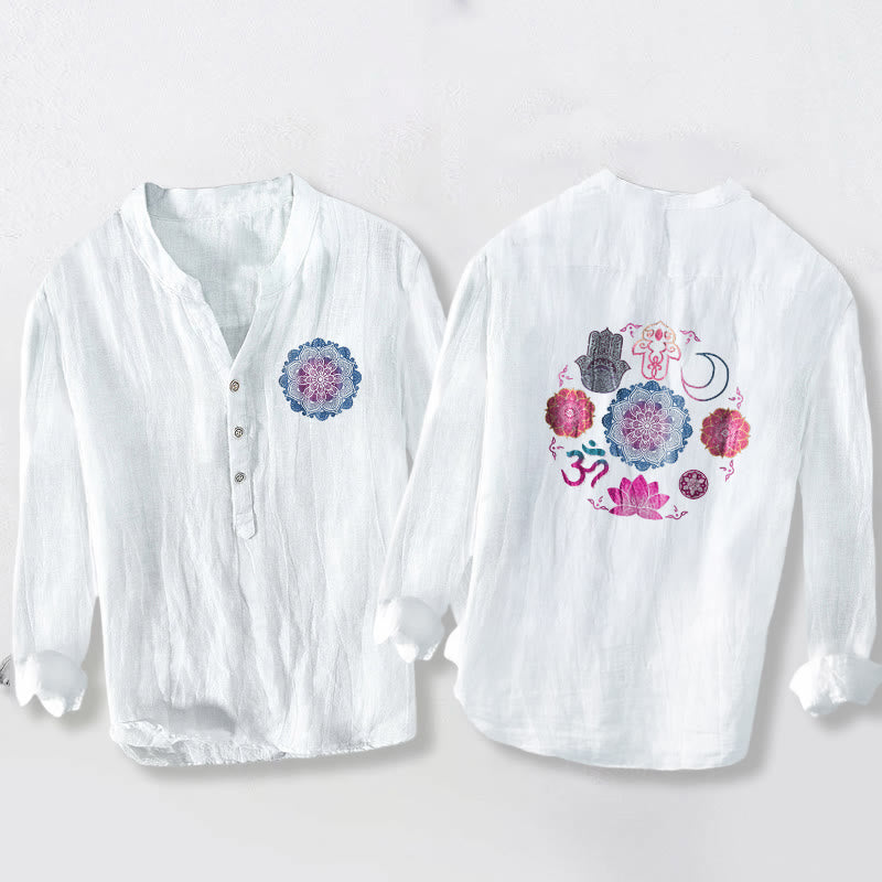 Cotton Linen Stand Collar Long Sleeve Shirt with Mandala Print
