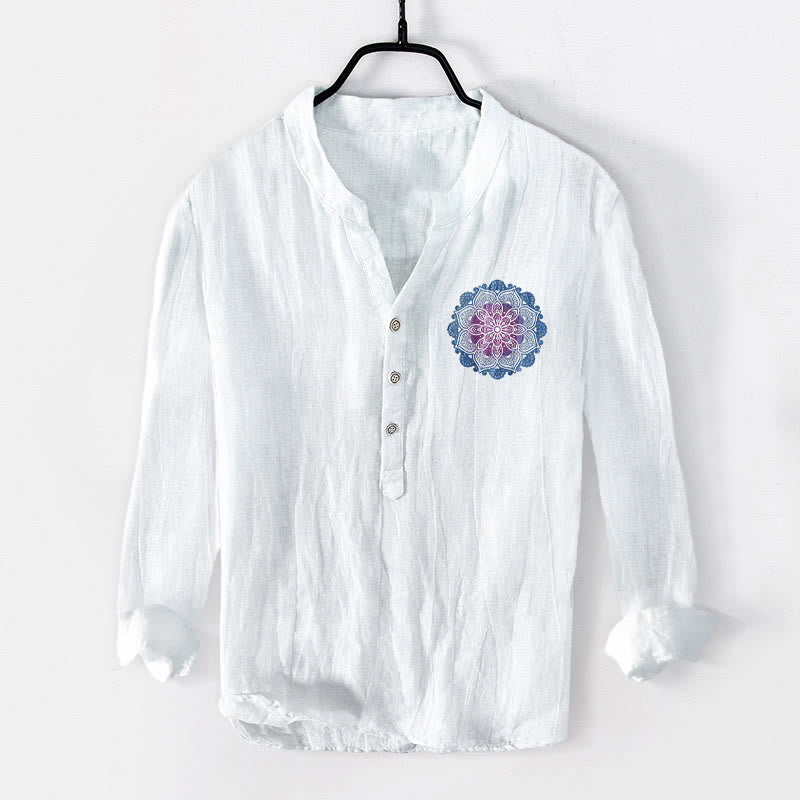 Cotton Linen Stand Collar Long Sleeve Shirt with Mandala Print