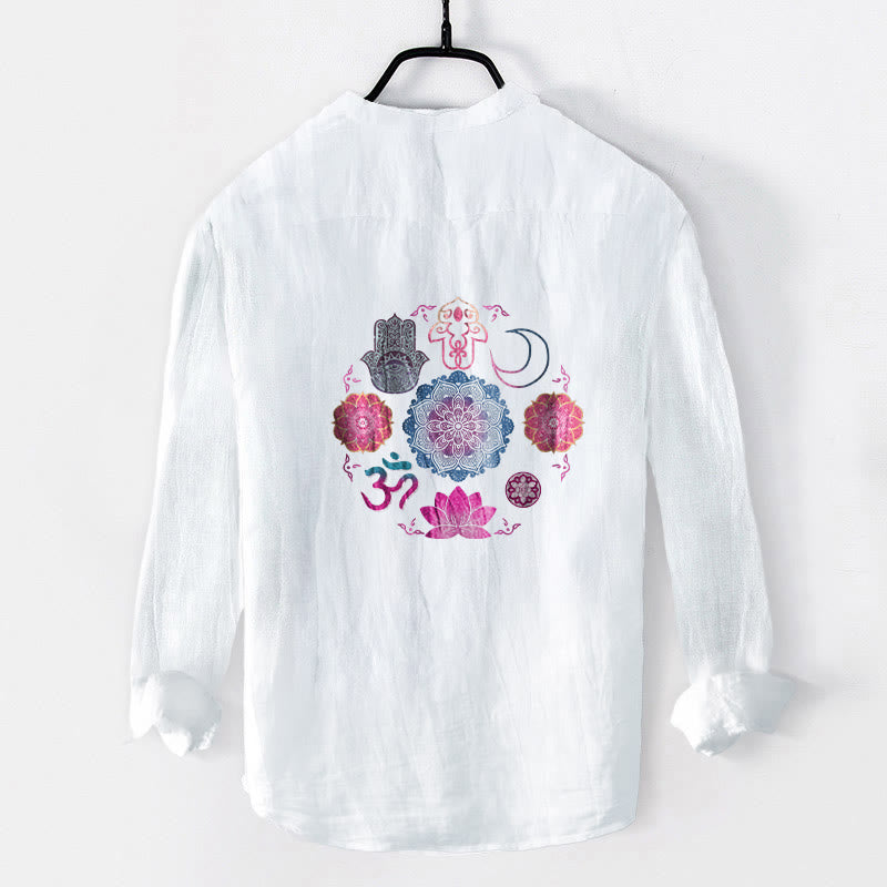 Cotton Linen Stand Collar Long Sleeve Shirt with Mandala Print
